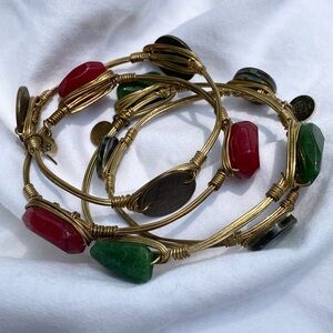 Bourbon and Boweties Set of 4 Brass & Stone Bracelets Gold Red and Green Boho